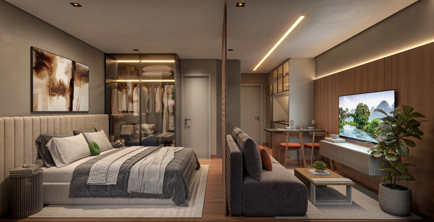 Living do studio de 32 m², imagem meramente ilustrativa